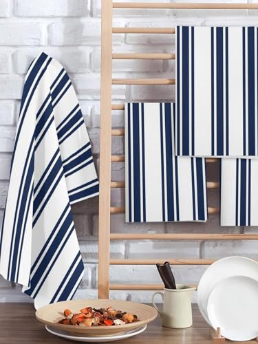 Navy Blue Striped Hand Towels Set, Waffle Weave Kitchen Towels 2 Pieces, Farmhouse Aesthetic Modern Stripes Microfiber Hair Face Bath Tea Towel Absorbent Quick Drying Cleaning Dish Cloths, 15.7"x23.6" - color: Navy, White, Blue, size: 2PCS,15.7"x23.6"