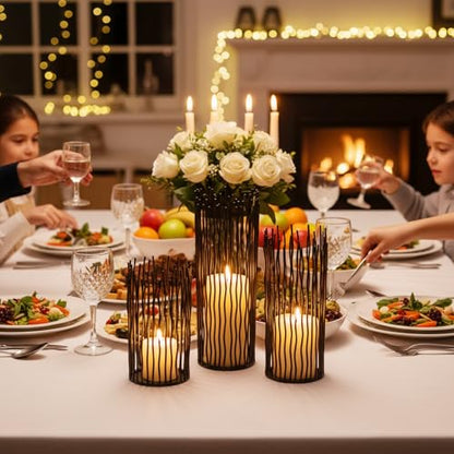 Metal Candle Holders for Pillar Candles - Black Wire Candle Holder Set of 3 | Creative Candlestick Holders for Table Centerpieces Fireplace Mantel Halloween Christmas Party Event Wedding Home Decorations