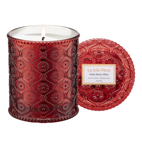 LA JOLIE MUSE Ruby Berry Bliss Scented Candle for Home, Natural Soy, 40 Hrs | Christmas Winter Festive Decoration, Luxury Red Jar Candles for Candle Warmer, Non Toxic, Gift for Women, Men, Mandarin, Plum - color: Ruby Berry Bliss