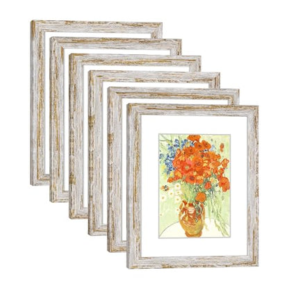 Rustic Distressed Retro Style White Frame 8x10 Picture Frame Set of 6 with Real Glass for Pictures 5x7 with Mat or 8x10 Without Mat, Wall Gallery or Tabletop display - size: 8x10(set of 6)