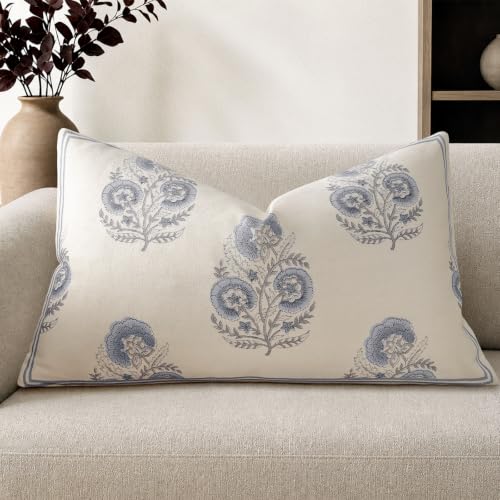 Vintage Floral 14x24 Lumbar Pillow Cover for Bed Pack of 1, Double-Sided Botanical Print Decorative Long Pillowcase Farmhouse Neutral Cushion Cover for Sofa Couch Living Room, Dusty Blue (Cover Only) - color: Dusty Blue, size: 24" x 14" (Pack of 1)