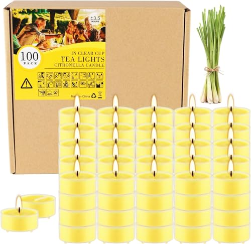 Fclayvts 3.5-Hour 100 Pack Citronella Tealight Candles, Outdoor and Indoor Summer Scented Candle,Natural Soy Wax Candle for Home Patio Garden Yard Balcony,BBQ Birthday Emergency - color: Yellow, size: 100 Pack-4H