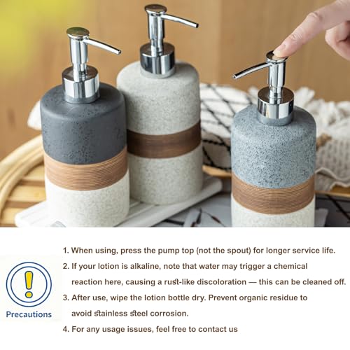 Ceramic Soap Dispenser Set of 2, Hand and Dish Soap Dispenser Set | Shower Shampoo Soap Dispenser for Bathroom, Kitchen | Stainless Steel Pump, Silicone Funnel and Diatomaceous Tray, 12 oz Gray - color: Gray and White, size: 2xSoap Dispenser Set with Tray