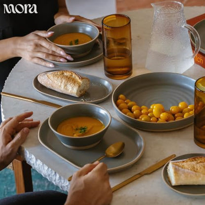 Mora Medium Dishes Set of 4, 35oz Ceramic Pottery Pasta Plate/Wide Bowls - Microwave, Oven and Dishwasher Safe - Storm - color: Storm