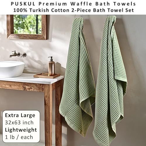 PÜSKÜL 2-Piece Natural 100% Turkish Cotton Waffle Bath Towels Extra-Large | Sage Green 32x63" Bath Sheet Towel, Light Soft Absorbent Quick-Dry Lint-Free Premium Honeycomb Weave Oeko-Tex Made in Turkiye - color: Sage Green