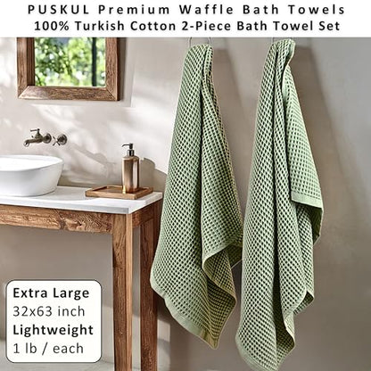 PÜSKÜL 2-Piece Natural 100% Turkish Cotton Waffle Bath Towels Extra-Large | Sage Green 32x63" Bath Sheet Towel, Light Soft Absorbent Quick-Dry Lint-Free Premium Honeycomb Weave Oeko-Tex Made in Turkiye - color: Sage Green
