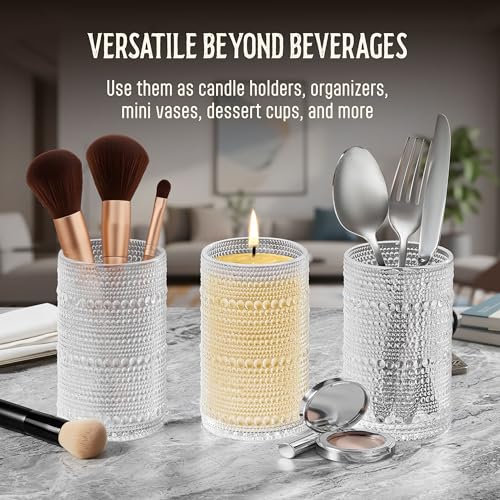 12 Oz Hobnail Drinking Glasses Set of 6 - Clear Multipurpose Glassware Sets, Decorative Glasses Drinking Set for Bar, Kitchen, Cocktail Glassware - w/Straws, Brushes, Ice Cubes, & Cloth Bag