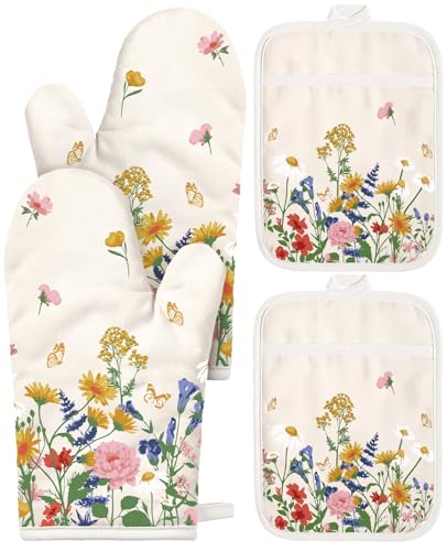 Miss Adola Cotton Oven Mitts and Pot Holders Sets, Meadow Bliss | Heat-resistant up to 350°F, Pure Cotton, Quilted Contact Surface, Stylish Design, with Hanging Loop, Ready to Gift Package - color: Meadow Bliss