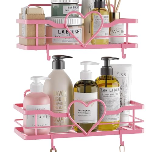 Pink Shower Caddy with 4 Removable Hooks, 2 Pack Sweet Heart Shower Shelves,No Drilling Adhesive Organizer Shelf for Bathroom Shower,Kitchen,Bedroom | Shower Shelf with 4 Removable Hooks,Holds 40 lbs,Rustproof Metal,For bathroom,kitchen,dorm,Cute Shower O
