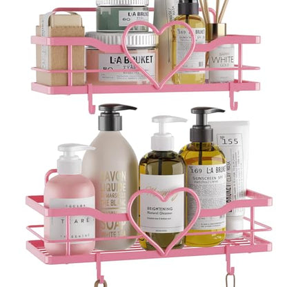Pink Shower Caddy with 4 Removable Hooks, 2 Pack Sweet Heart Shower Shelves,No Drilling Adhesive Organizer Shelf for Bathroom Shower,Kitchen,Bedroom | Shower Shelf with 4 Removable Hooks,Holds 40 lbs,Rustproof Metal,For bathroom,kitchen,dorm,Cute Shower O