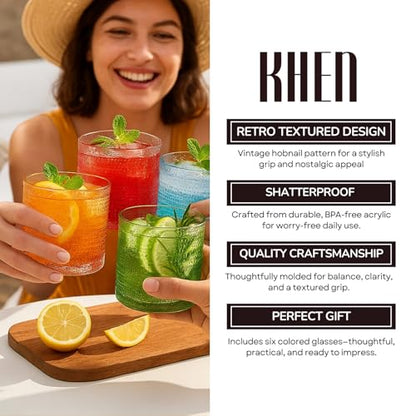 Khen Plastic Hobnail Drinking Glasses Set of 6 Neutral Tones Cups 10oz, Shatterproof & Unbreakable Acrylic Beaded Design, BPA-Free, Dishwasher Safe Indoor/Outdoor Drinkware for Water, Juice, Cocktails - color: Retro Style