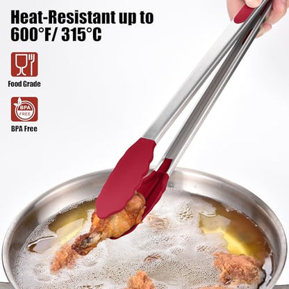 Doosu 600°F Heat Resistant Kitchen Food Tong for Cooking with Non-Scratch Silicone Tips (16in, Red) & 600°F Heat Resistant Spatula Set of 2 for Kitchen Cooking Baking Stirring (Red+Aqua Sky)