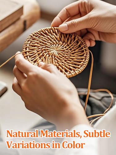 6Pcs Handmade Natural Rattan Coasters Set with Holder, Boho Coastal Decor | Farmhouse Aesthetic Drink Coasters, Home Kitchen Beach Decor, Housewarming Gifts