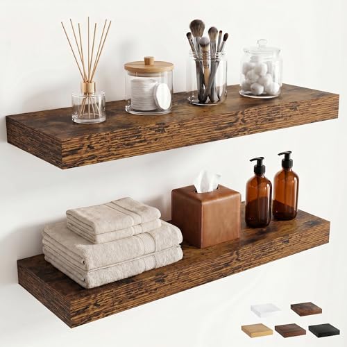 24 inchs Floating Shelves for Wall Mounted Set of 2,Rustic Wood Floating Shelf with Invisible Brackets for Small Bathroom,Bedroom,Living Room,Modern Home Decor -Rustic Brown - color: Rustic Brown, size: 24''W x 7.9''D x 1.5''H,Set of 2-MDF