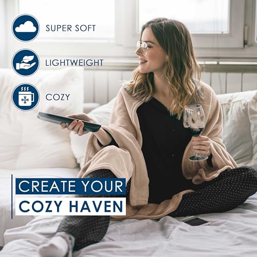 Full/Queen Size Fleece Blanket | Comfy Supersoft Fleece Blanket Full Size – All-Season Light Weight Throw Blanket | Luxuriously Soft | Throw Blanket for Couch and Sofa | Machine Wash | Beige - color: Beige, size: Full Queen