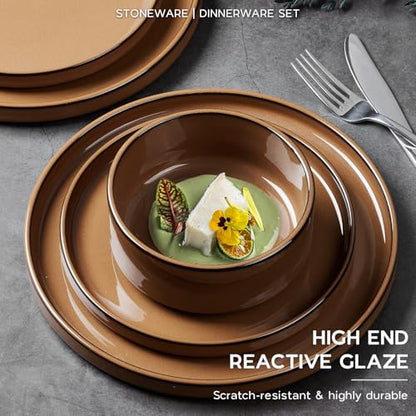 Onader Stoneware Dinnerware Sets for 4, Plates and Bowls with Unglazed Terracotta Bottom, Elegant Kitchen Ceramic Dish Dishware Set, Reactive Glaze 12 Piece - Earthy Umber - color: Earthy Umber
