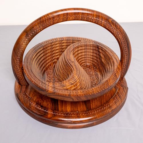 Handmade 12″ Collapsible Wooden Basket, 2-Compartment Yin-Yang Design in Himalayan Rosewood, Fruit Basket, Bread Bowl & Trivet, Folds Flat for Easy Storage – Unique Centerpiece & Gift