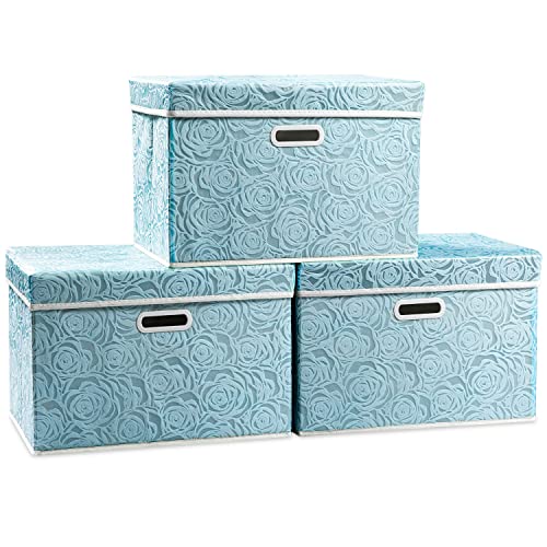 Larger Collapsible Storage Cubes with Lids Fabric Decorative Storage Bins Boxes Organizer Containers Baskets with Cover Handles for Bedroom Closet Living Room Blue 17.7x11.8x11.8 Inch 3 Pack - color: Blue, size: Large(3-Pack)