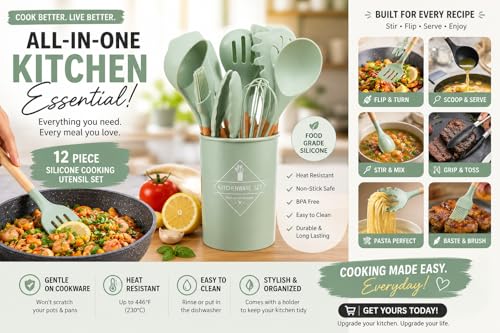 Caboh Silicone Kitchen Utensil Set 12 PCS – Heat Resistant Cooking Tools with Spatula, Serving Spoon, Tongs, Whisk & Holder, Nonstick Safe BPA-Free Kitchen Accessories Set (Light Green) - color: Light Green