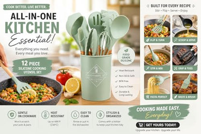 Caboh Silicone Kitchen Utensil Set 12 PCS – Heat Resistant Cooking Tools with Spatula, Serving Spoon, Tongs, Whisk & Holder, Nonstick Safe BPA-Free Kitchen Accessories Set (Light Green) - color: Light Green