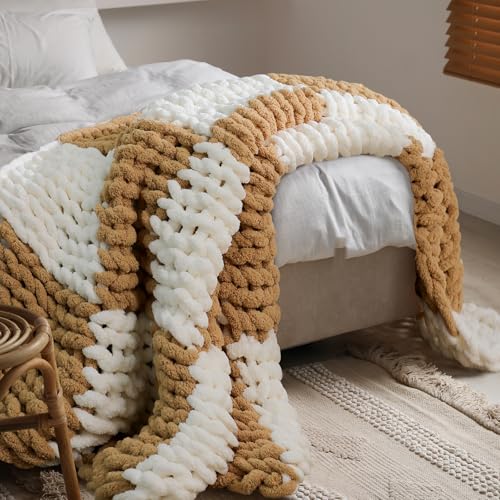 Tudomro Checkered Chunky Knit Throw Blanket for Couch 50 x 60 Inches Neutral Decor 100% Hand Knitted Cozy Soft Large Rope Knot Crochet Blankets for Sofa Living Room(Ivory and Brown)