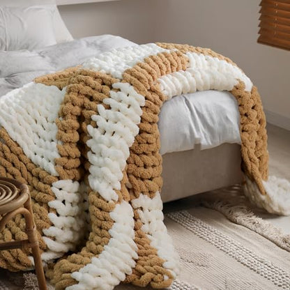 Tudomro Checkered Chunky Knit Throw Blanket for Couch 50 x 60 Inches Neutral Decor 100% Hand Knitted Cozy Soft Large Rope Knot Crochet Blankets for Sofa Living Room(Ivory and Brown)