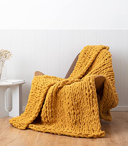 Chunky Knit Blanket Soft Chenille Yarn Knitted Throw Blanket 50"X60" Handmade Cable Warm Thick Giant Blanket for Couch Bed Trips (Turmeric Yellow, Throw 50"X60")?-¡­ - color: Turmeric Yellow, size: Throw 50"X60"
