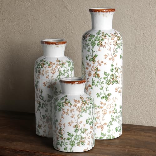 Brown and Green Ceramic Vase Set of 3, Vintage Botanical Vases for Decor | Crackle glaze and distressed rims for Tuscan living rooms, mantels and dining table centerpieces - color: Green & Brown01
