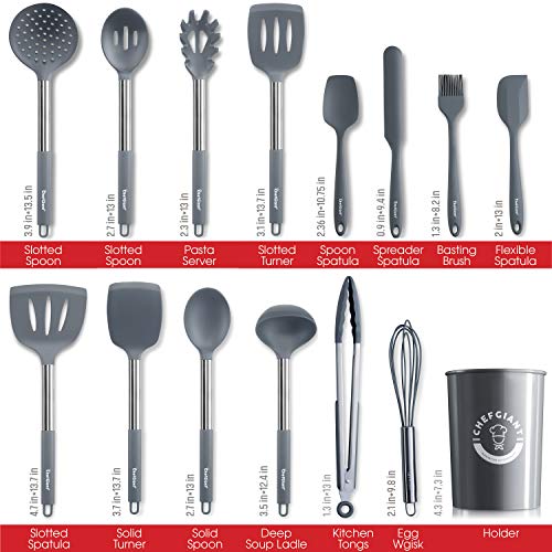 Silicone Cooking Utensils Set - Stainless Steel Handle, 15 Piece Kitchen Utensil Sets | Nonstick, Heat Resistant, BPA Free & Dishwasher Safe | Grey - color: Gray