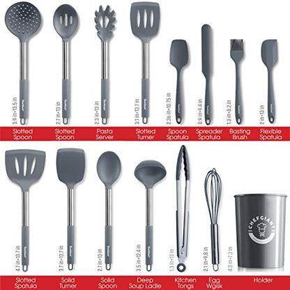 Silicone Cooking Utensils Set - Stainless Steel Handle, 15 Piece Kitchen Utensil Sets | Nonstick, Heat Resistant, BPA Free & Dishwasher Safe | Grey - color: Gray