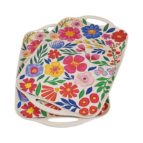TP Large Melamine Serving Trays with Handles, 19" x 12", Set of 2, Floral | Rectangular Trays, Serving platters, Turkey and Party Serving, Lightweight, Break-resistant - color: Floral, size: 19" x 12"