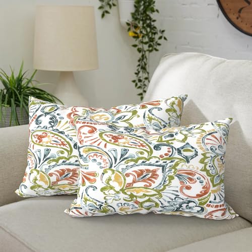 DYTXIII Pack of 2 Waterproof Outdoor Lumbar Pillow with Inserts, 12x20 in Rectangle Decorative Patio Throw Pillow for Home, Sofa,Bench and Patio Furniture, Paisley Botanical - color: Paisley Botanical, size: 12x20 Inch (With Inserts)