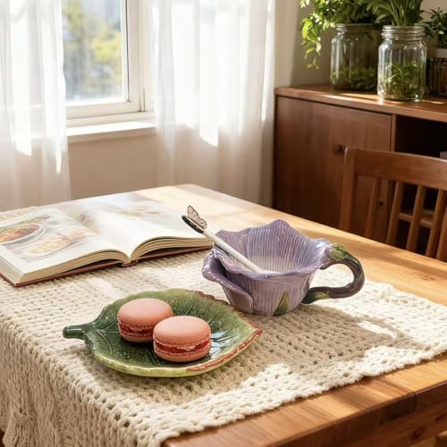 Ceramic Tea Cup and Saucer Set ，6OZ 3D Hand-Painted Flower and Lotus Leaf Coffee Mug，Gift for Women- Pinkish Purple Rose - color: Pinkish Purple
