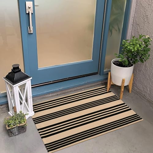 KIMODE Front Door Mats Outdoor Fall Front Porch Rug Layered Welcome Mats | 24"x35", Black and Khaki,Striped,Farmhouse,Fall Outdoor Porch Decor,Washable,Cotton Hand Woven,Rugs for Entryway Autumn Decor - color: Black and Khaki Stripes, size: 2' x 3' (Recta