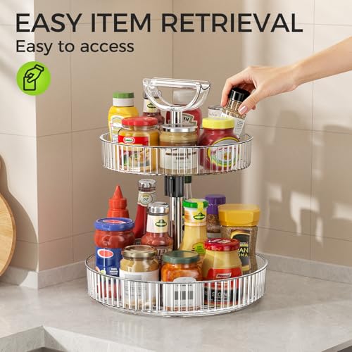 Lazy Susan Organizer – 2 Tier Rotating Spice Rack Turntable, 11.4" Plastic Spinning Organizer for Kitchen Cabinet Pantry Countertop Cupboard Bathroom Storage, Clear - size: Clear