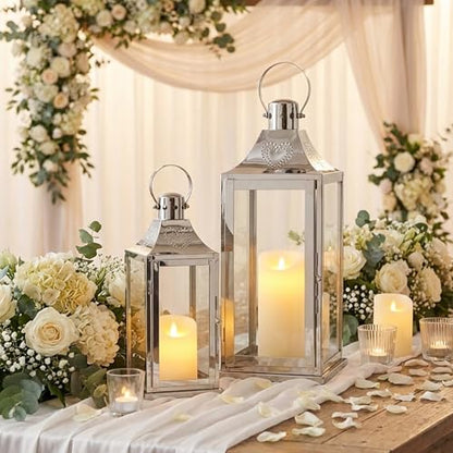 TRIROCKS Set of 2 Stainless Steel Lanterns 17"&12" H Decorative Outdoor Lantern Candle Holder with Tempered Glass for Living Room Wedding Parties Gifts Indoors Outdoors(Silver)