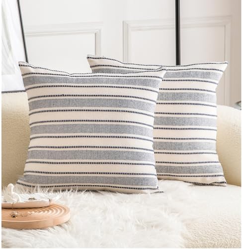Cethom Decorative Boho Throw Pillow Covers, Farmhouse Textured Pillow Case, 18 x 18 Inch Set of 2, Chair Sofa Bedroom Living Room Decor Couch Cushion Case, Navy Blue and Beige Striped - color: Navy Blue, size: 18" x 18" (Pack of 2)