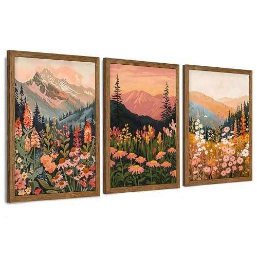 WRFON Botanical and Flower Canvas Wall Art, Framed Mountain Landscape Wall Art Set of 3, Wildflower Meadow Canvas Print, Rustic Nature Decor for Living Room Bedroom Cabin Lodge Farmhouse Decor, 20x30 - color: Mountain Landscape(Framed), size: 30"L x 20"W