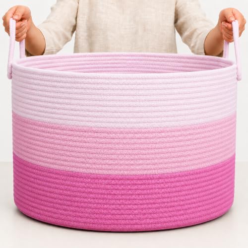 OrganiHaus Round Toy Basket & Blanket Basket, Cotton Rope 20x13" | 3-Toned Pink - Round Cotton Rope Basket, 20x13" - color: 3-toned Pink, size: Wide