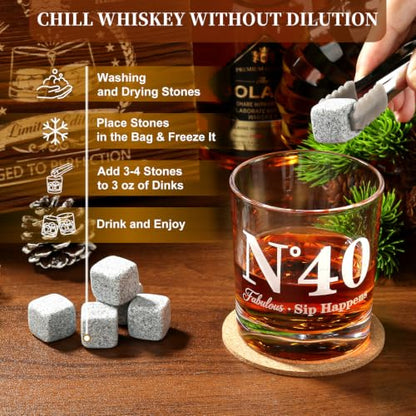 40th Birthday Gifts for Men, Vintage Whiskey Glass Set with Granite Stones | 40th Birthday Party Supplies Gifts for Him, Dad, Husband, "N°40 Fabulous Sip Happens" Scotch Glass, Pipette, Tongs&Wooden Box - style: 40th Mens Gifts