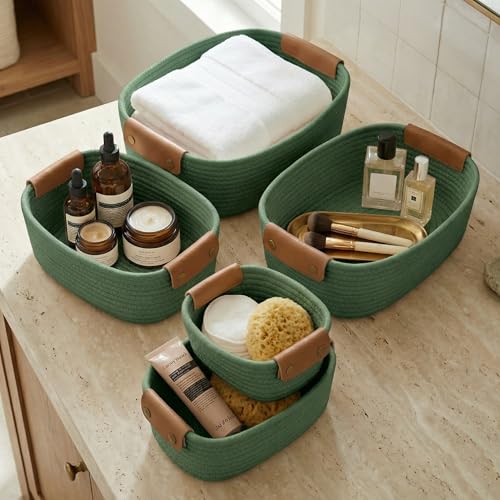 Beautiful Storage Basket Set of 5 - Sturdy Cotton Rope Baskets for Shelves | Perfect for Organizing Your Home - Quality Storage Bins Easily Fit with Any Nursery or Bedroom Decor - color: Sage