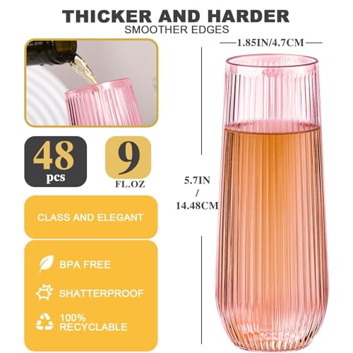 Lueumxc 48 Pack Plastic Ribbed Champagne Flutes, 9 Oz Stemless Disposable Pink Clear Plastic Toasting Glasses Shatterproof Recyclable and BPA-Free Perfect For Wedding