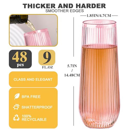 Lueumxc 48 Pack Plastic Ribbed Champagne Flutes, 9 Oz Stemless Disposable Pink Clear Plastic Toasting Glasses Shatterproof Recyclable and BPA-Free Perfect For Wedding