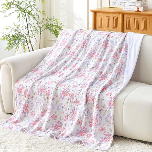 Viviland Cotton Muslin Reversible Fleece Blanket Lightweight Breathable Gauze Queen Size 90 x 90 Inches Pink Purple Flowers - color: Pink Purple Flowers, size: Queen Size (90 X 90 Inches)