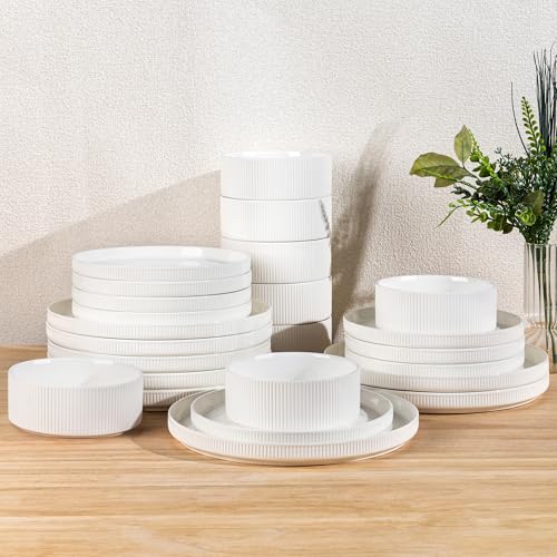 Ceramic Dinnerware Set for 8, 24-Piece Plates and Bowls Set | Lightweight Porcelain Dish Set, Scratch Resistant, Oven & Microwave & Dishwasher Safe, Bright White - color: Bright White, size: Set (24pcs)