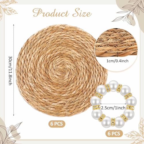 6 Sets Boho Placemats, Including 12 Inch Round Woven Rattan Placemats, Rectangle Burlap Boho Table Mats, Pearl Napkin Rings, Handmade Farmhouse Table Chargers for Home Wedding Party Decoration