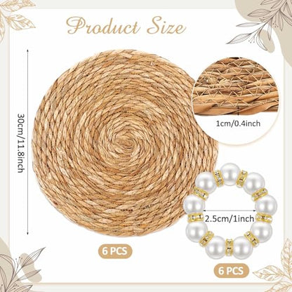 6 Sets Boho Placemats, Including 12 Inch Round Woven Rattan Placemats, Rectangle Burlap Boho Table Mats, Pearl Napkin Rings, Handmade Farmhouse Table Chargers for Home Wedding Party Decoration