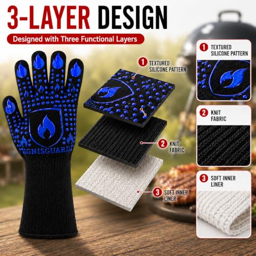 IGNISGUARD® BBQ Gloves, Heat Resistant Grill Gloves, 1 Pair, Blue (L) | EN407:2020 tested with textured silicone grip, three-layer construction and long knit cuff for added wrist coverage. - color: Blue, size: Large