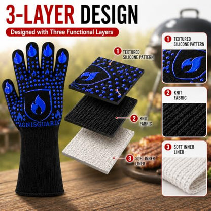 IGNISGUARD® BBQ Gloves, Heat Resistant Grill Gloves, 1 Pair, Blue (M) | EN407:2020 tested with textured silicone grip, three-layer construction and long knit cuff for added wrist coverage. - color: Blue, size: Medium