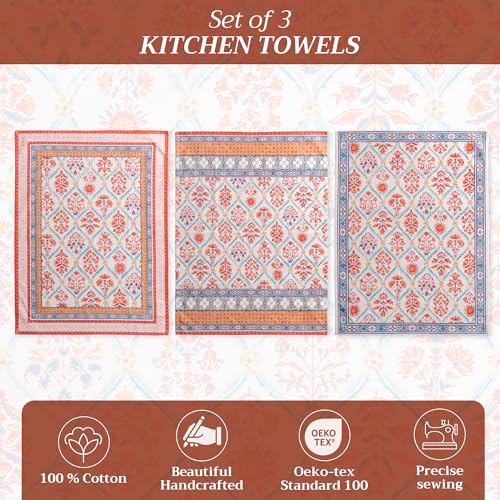 Maison d' Hermine Kitchen Towels Set of 3 Reusable 100% Cotton 27.50" x 20" | Cloth Tea Dish Towels Absorbent with Hanging Loop for Kitchen Dining Party Hotel Home Thanksgiving Christmas - Romane - color: 038 - Romane